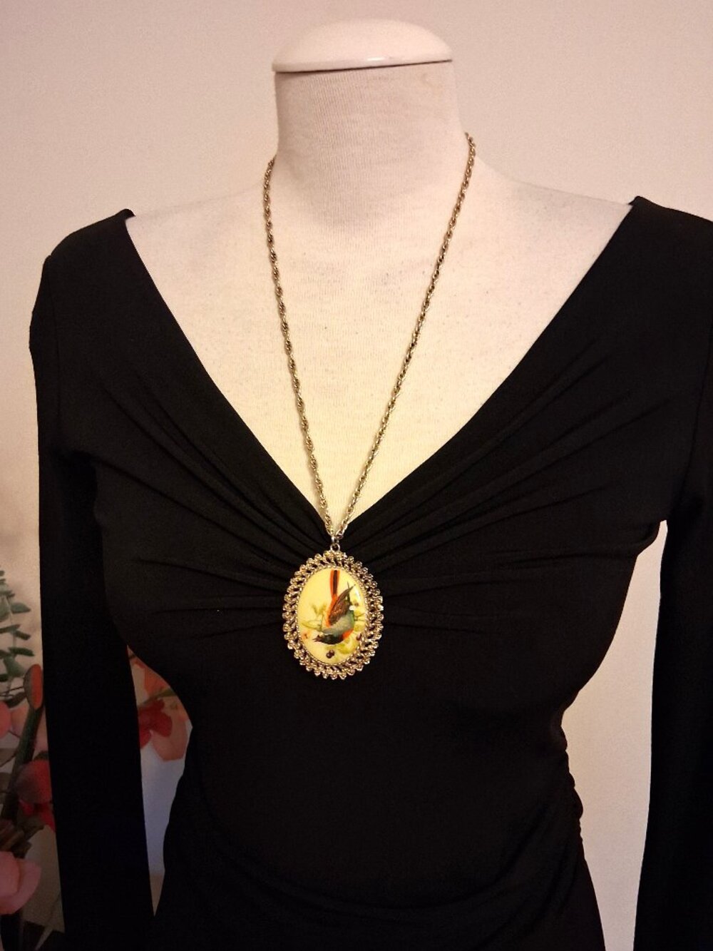 Vintage 80s Hand Painted Porcelain Bird Ceramic Pendant Thick Heavy Necklace